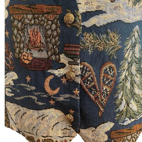 Vintage Backroad Blues Tapestry Cabin Scene Vest USA Made Large Winter Christmas - Picture 5 of 9